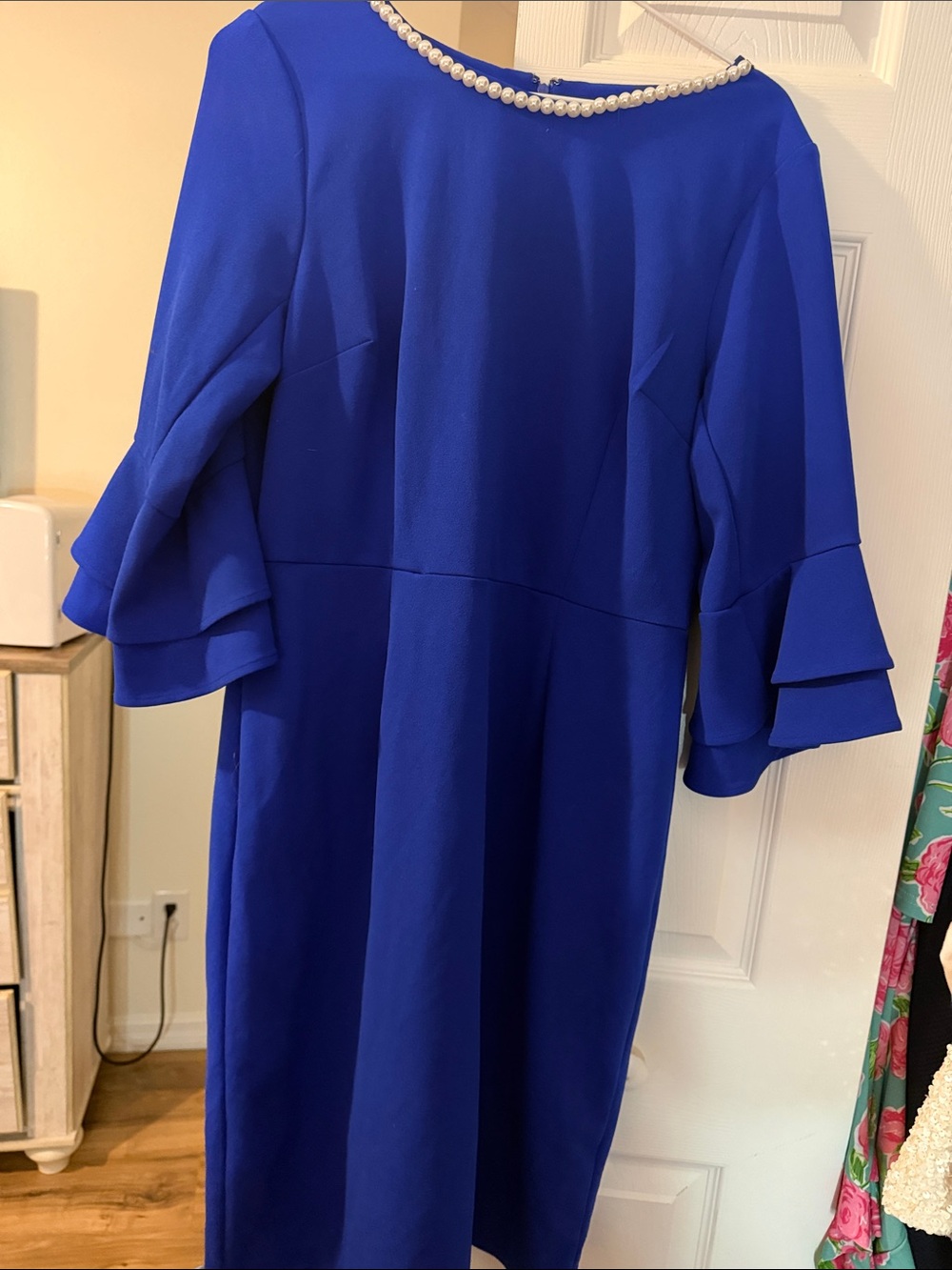 Shelby & Palmer Cobalt Blue Pearl-Trim Long Sleeve Dress